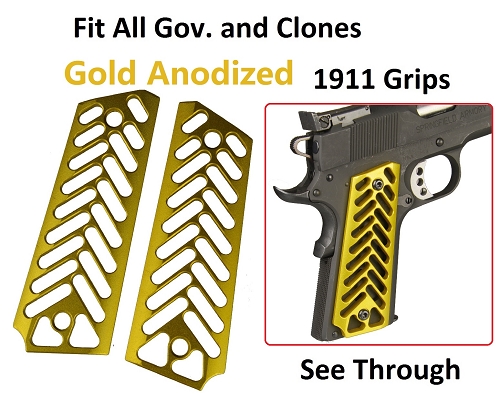 Skeleton Gold Anodized Aluminum 1911 Grips Fit Gov. and Clones